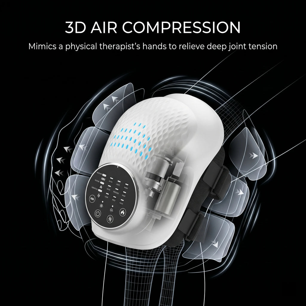 3D diagram illustrating the inner workings of the air compression leg and knee massager, highlighting the 3d airbag knee massager benefits for swelling.