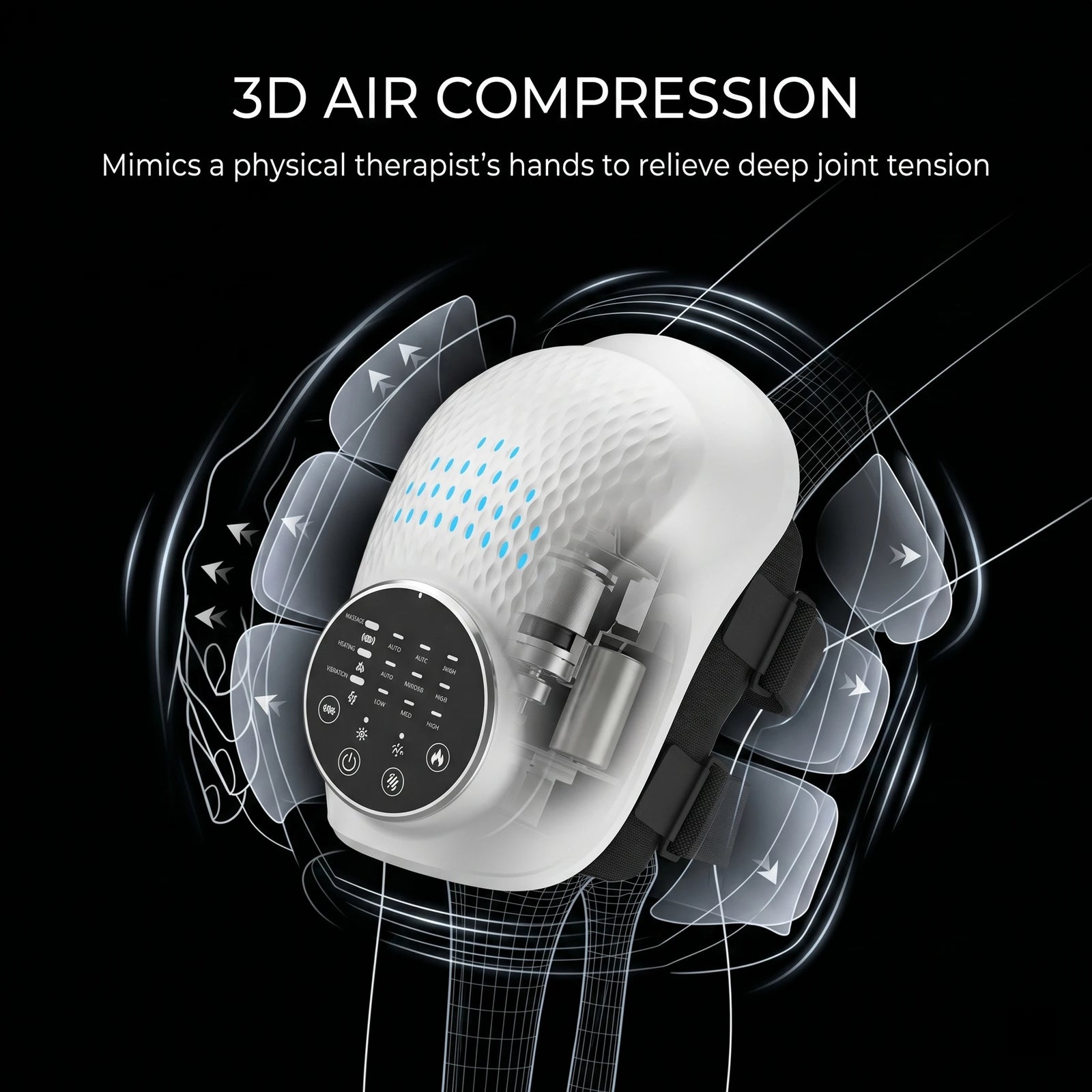 3D diagram illustrating the inner workings of the air compression knee massager, highlighting airbag placement and compression zones