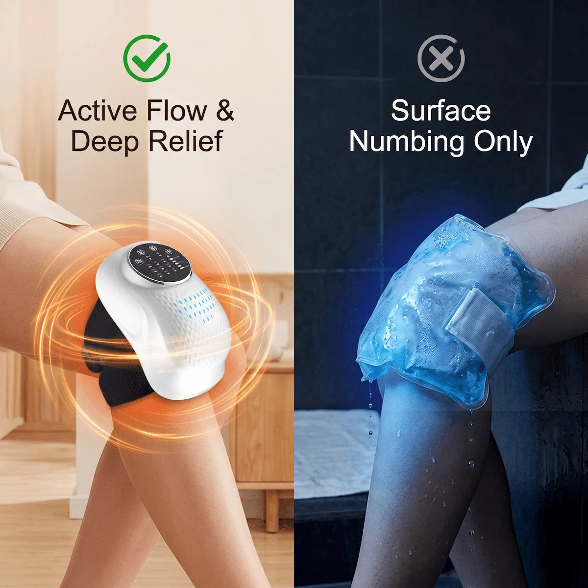 Comparison chart showing the active circulation benefits of air compression therapy versus the static numbing of ice packs for joint pain.
