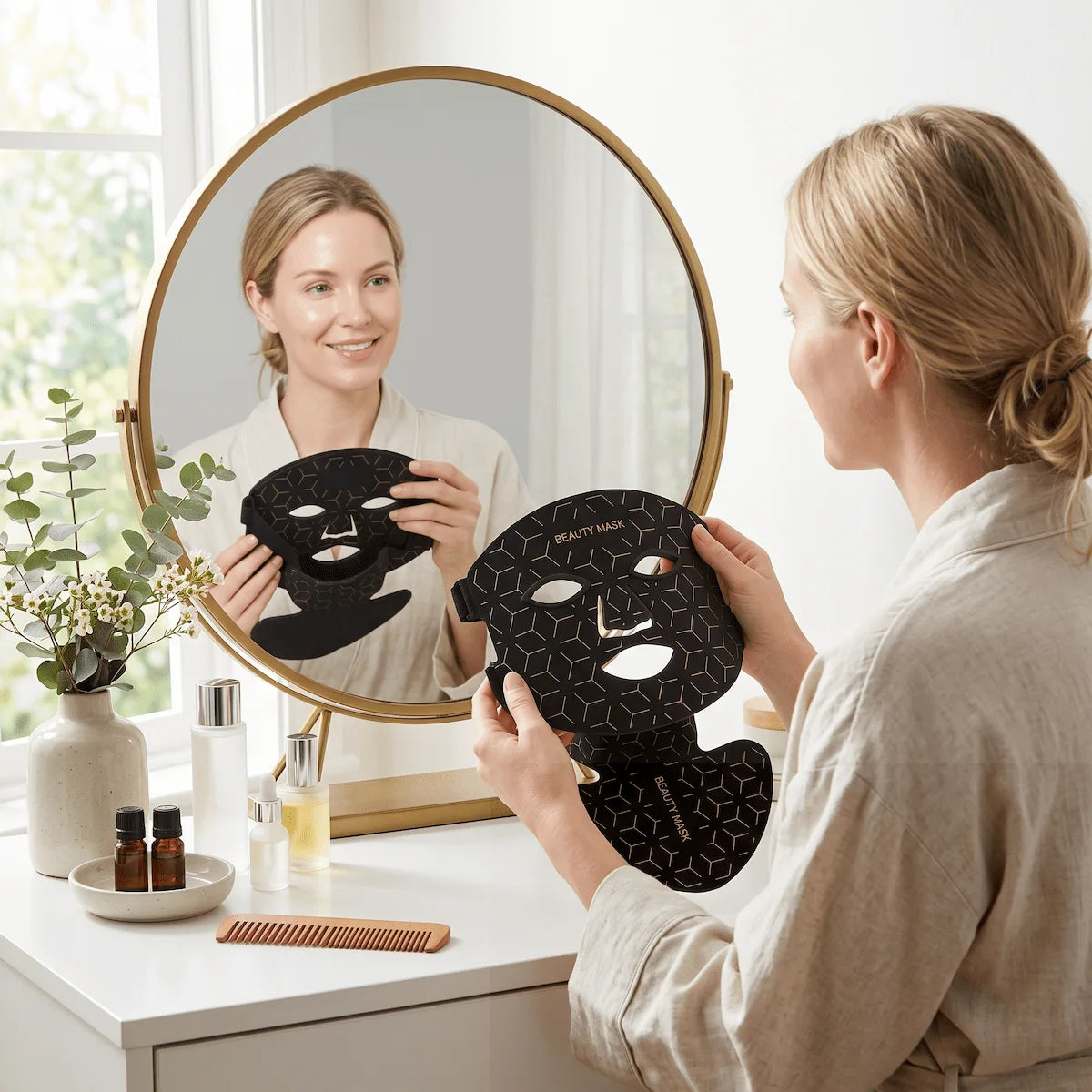 Woman using amber LED light therapy to soothe sensitive skin and reduce chronic redness.