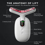 Technical breakdown of the anti aging neck device, showing the dual contact massage head, smart treatment modes, and USB-C charging port.
