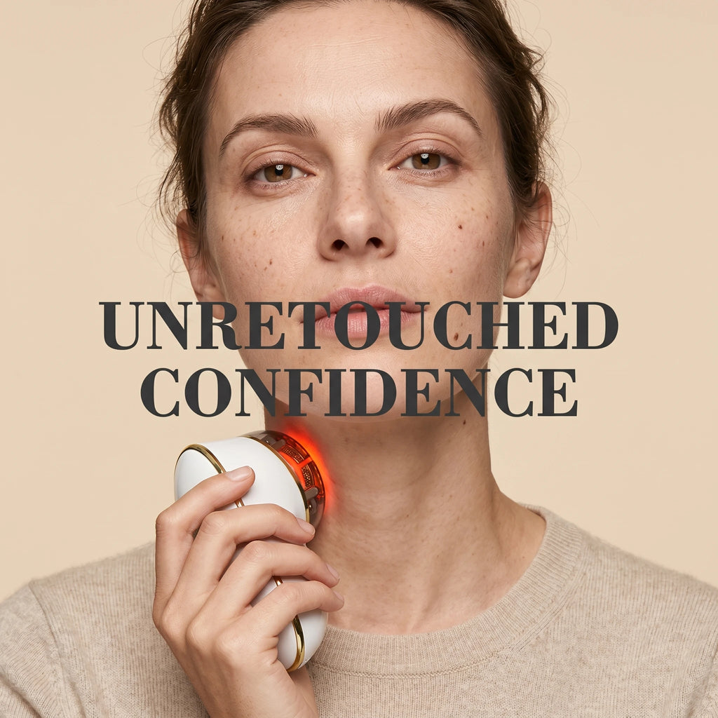 Confident woman displaying her natural, unretouched skin alongside the ELEVAURE anti aging skin tightening device for home use.
