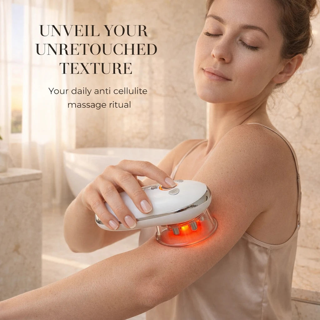 Woman using the ELEVAURE electric massager for lymphatic drainage as part of her daily anti cellulite massage ritual.