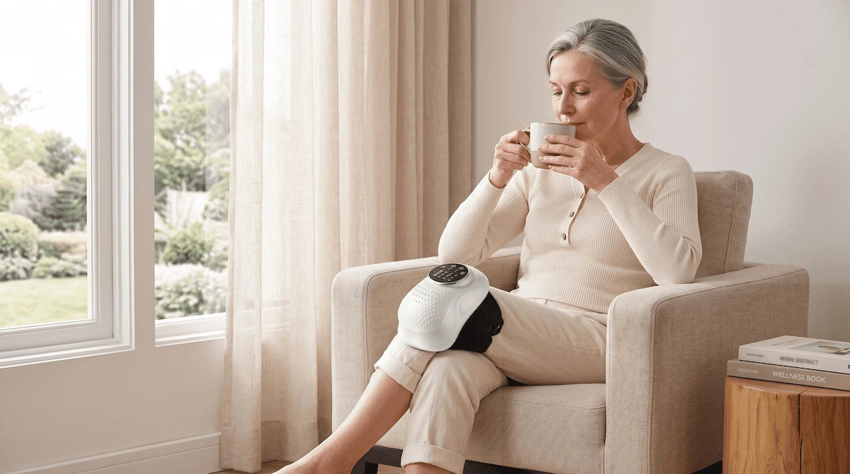 An older woman enjoying a relaxing morning tea while using a premium heated knee massager.