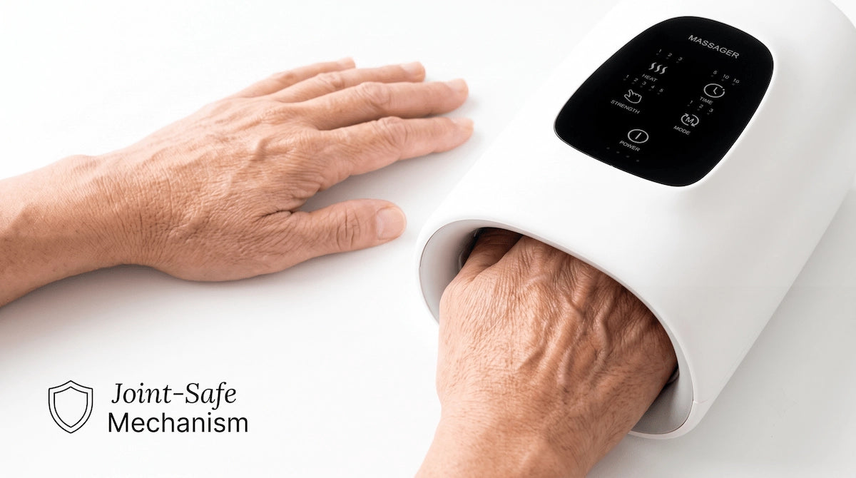 Gentle air compression massager next to sensitive hands, safe for arthritis relief.