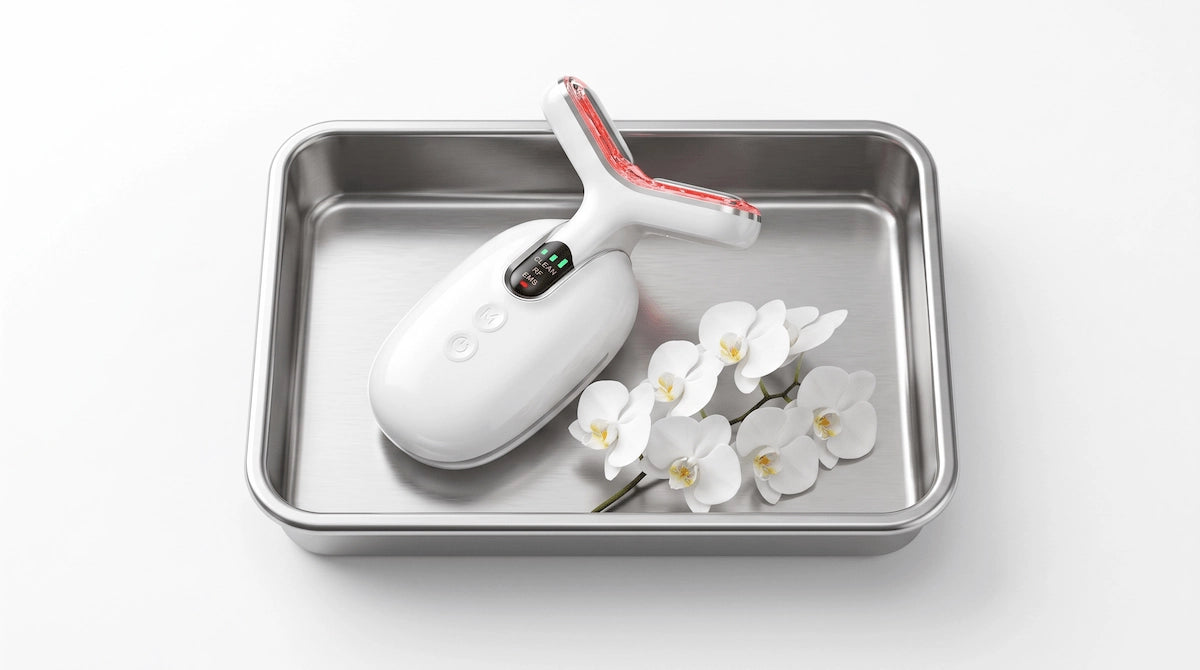 Neck firming device and a white orchid on a stainless steel tray.