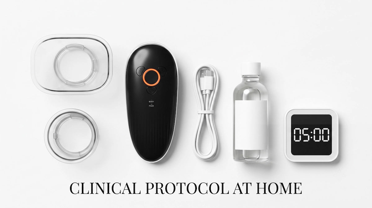 Complete at-home clinical protocol kit featuring the Elevaure massager, attachments, and a 5-minute timer.