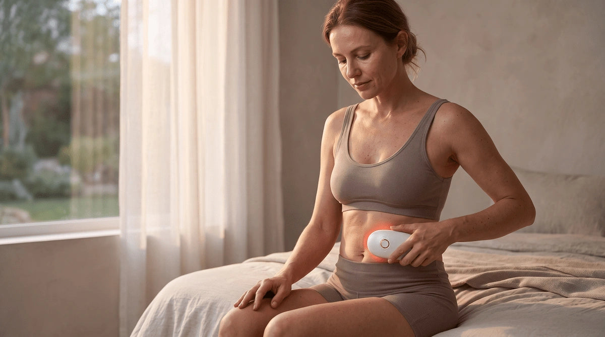 Complete at-home EMS body sculpting massager routine showing the ELEVAURE device being used across multiple body zones including thighs, abdomen, and arms for a full daily body contouring session.