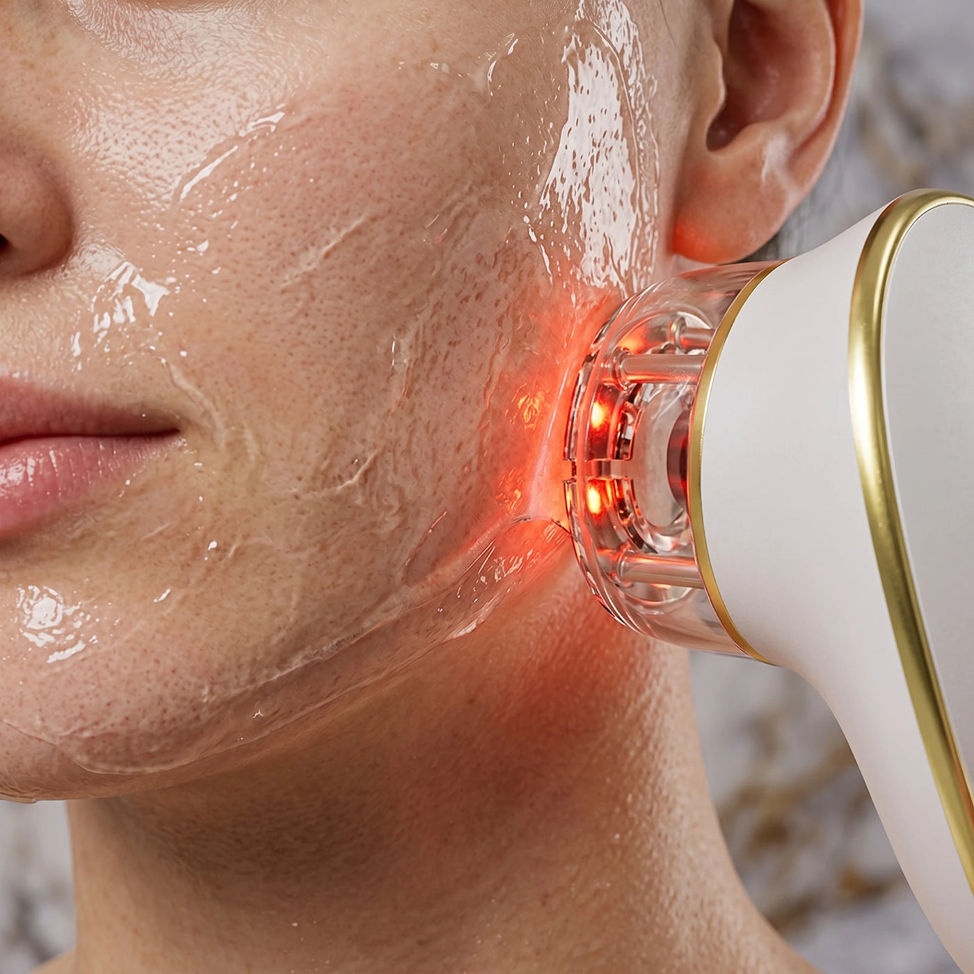 Close up of the ELEVAURE face cupping device using suction and EMS to contour the jawline during a morning depuffing routine.