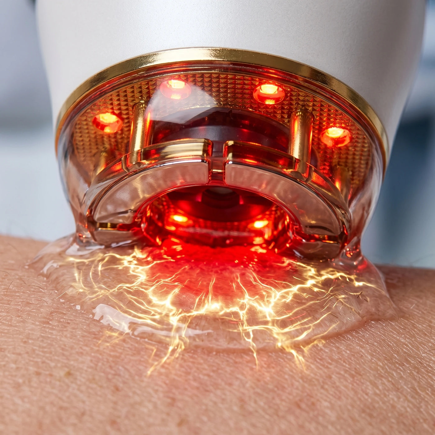 An intense macro close up of the ELEVAURE face sculpting tool for jawline contouring, visualizing the simultaneous benefits of red LED and EMS on real skin texture.