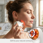 Woman using the ELEVAURE at home face sculpting tool for jawline definition, effectively working as a double chin reducer on unretouched skin.