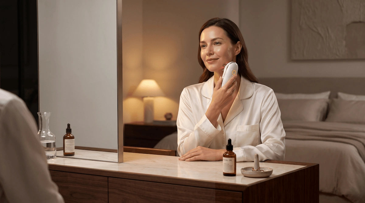 Woman using an at-home sculpting device to maintain the results of her professional spa treatments.