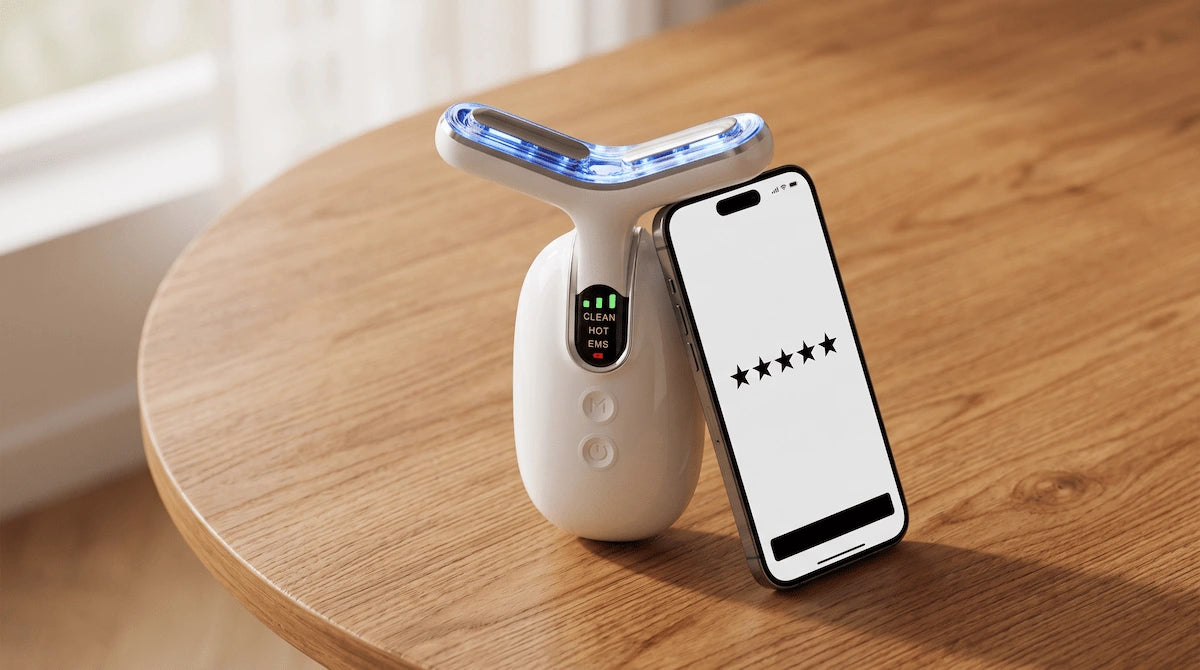 A smartphone displaying a five-star review next to an at-home neck tightening device.