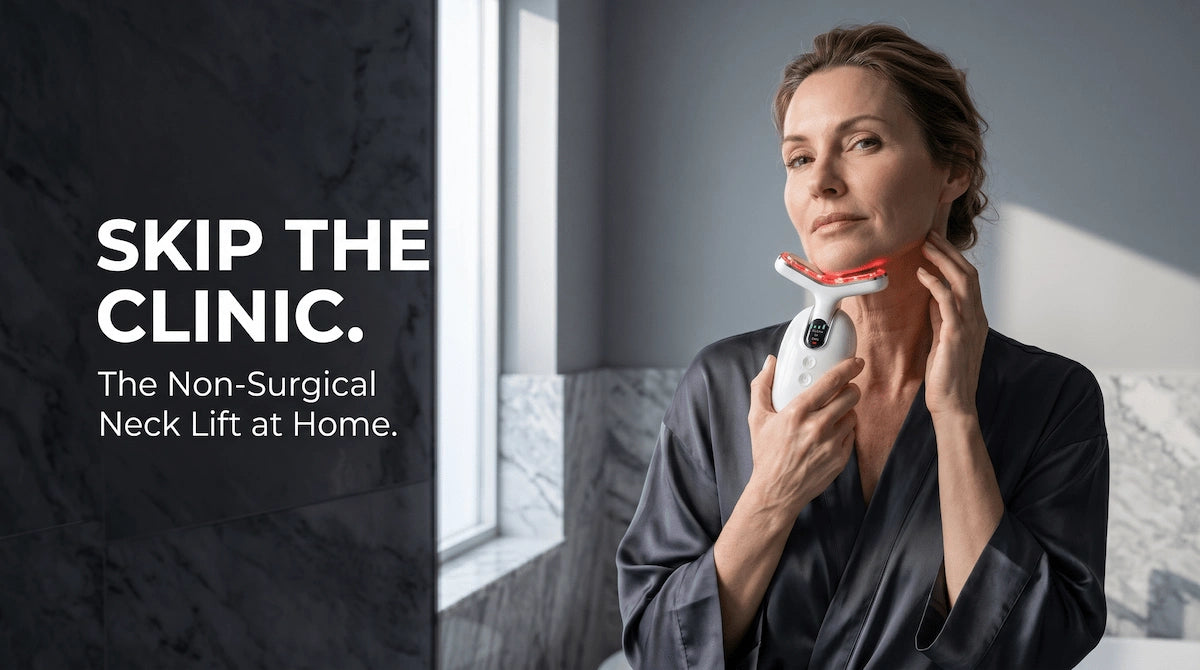 Woman in silk robe using the ELEVAURE RF neck lifting device at home — Skip the Clinic, the non-surgical neck lift at home.