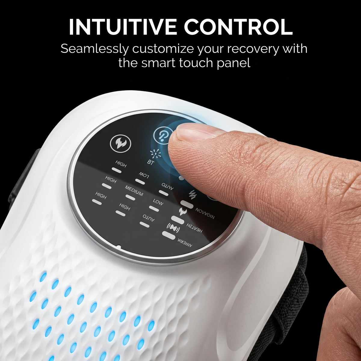 Close-up of the intuitive LED touch screen on the battery operated knee massager with heat and vibration controls.
