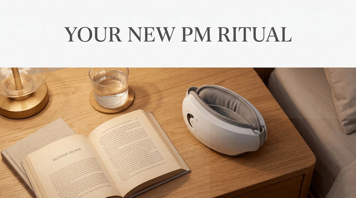 Folded Elevaure eye massager on a wooden nightstand next to a book and a glass of water.