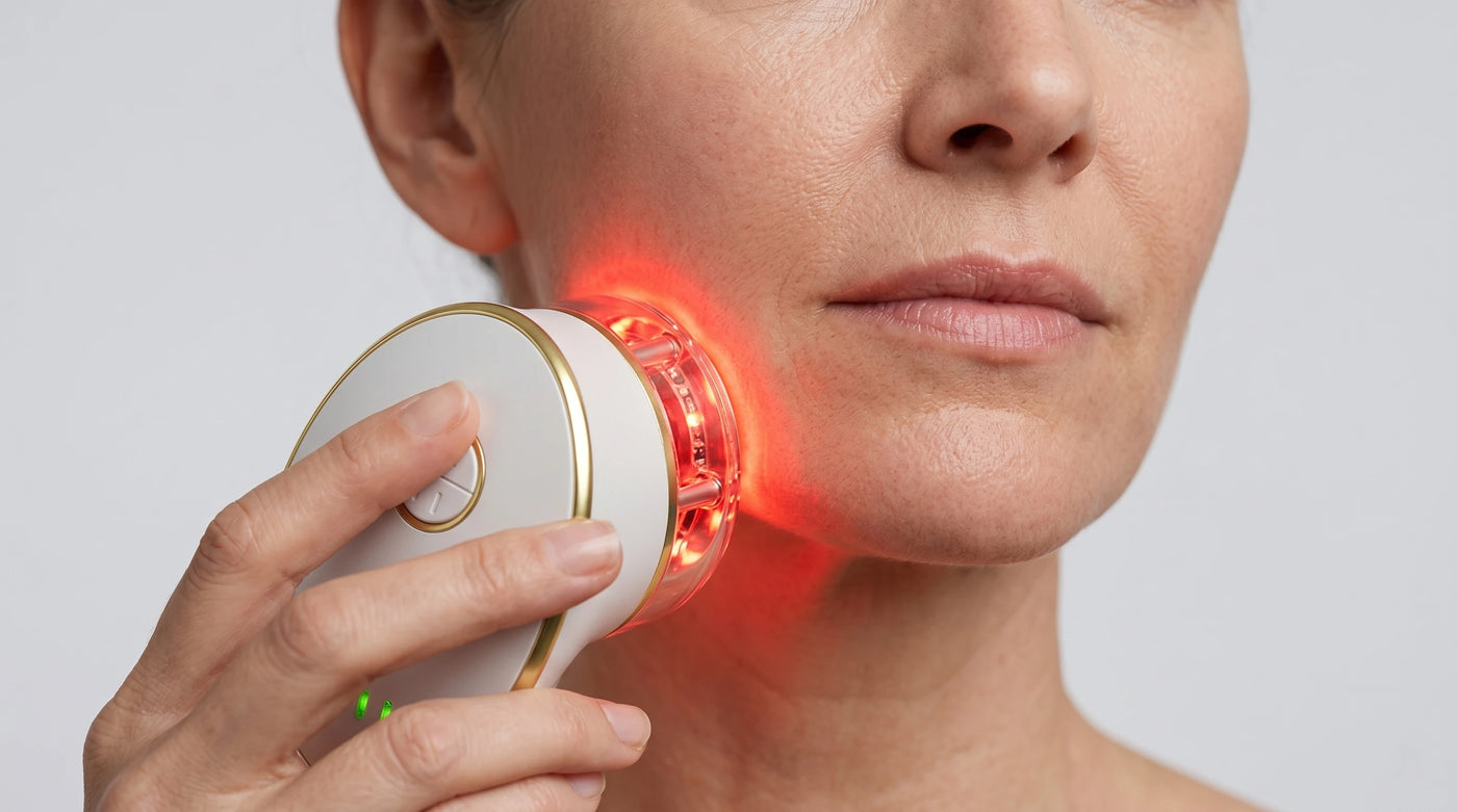 A macro shot demonstrating the benefits of 7 color led light therapy for face rejuvenation, highlighting the glowing red light on unretouched skin.