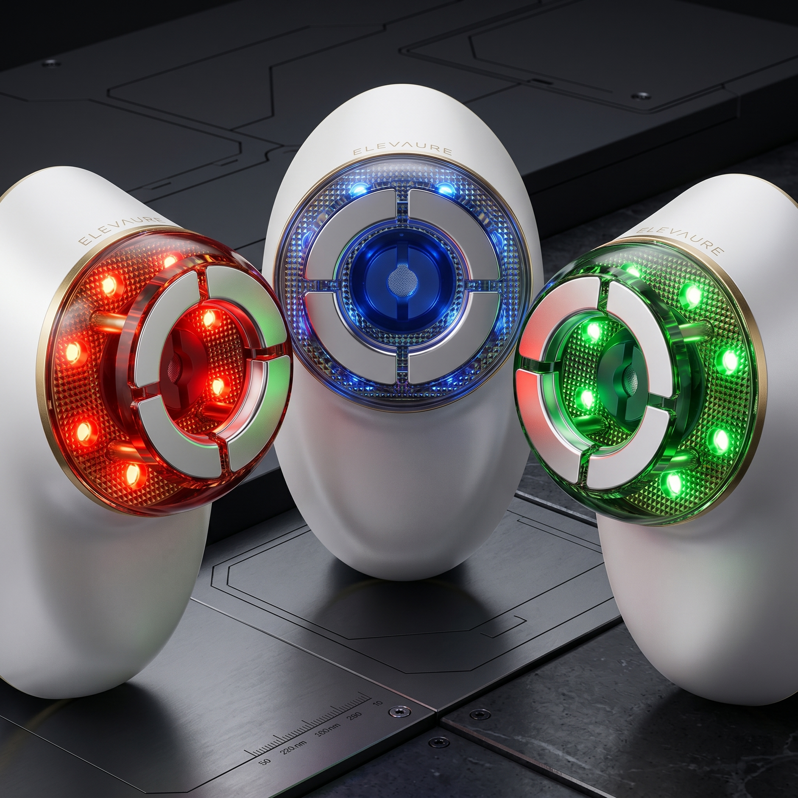 Diagram showing the benefits of 7 color LED light therapy wavelengths for skin rejuvenation