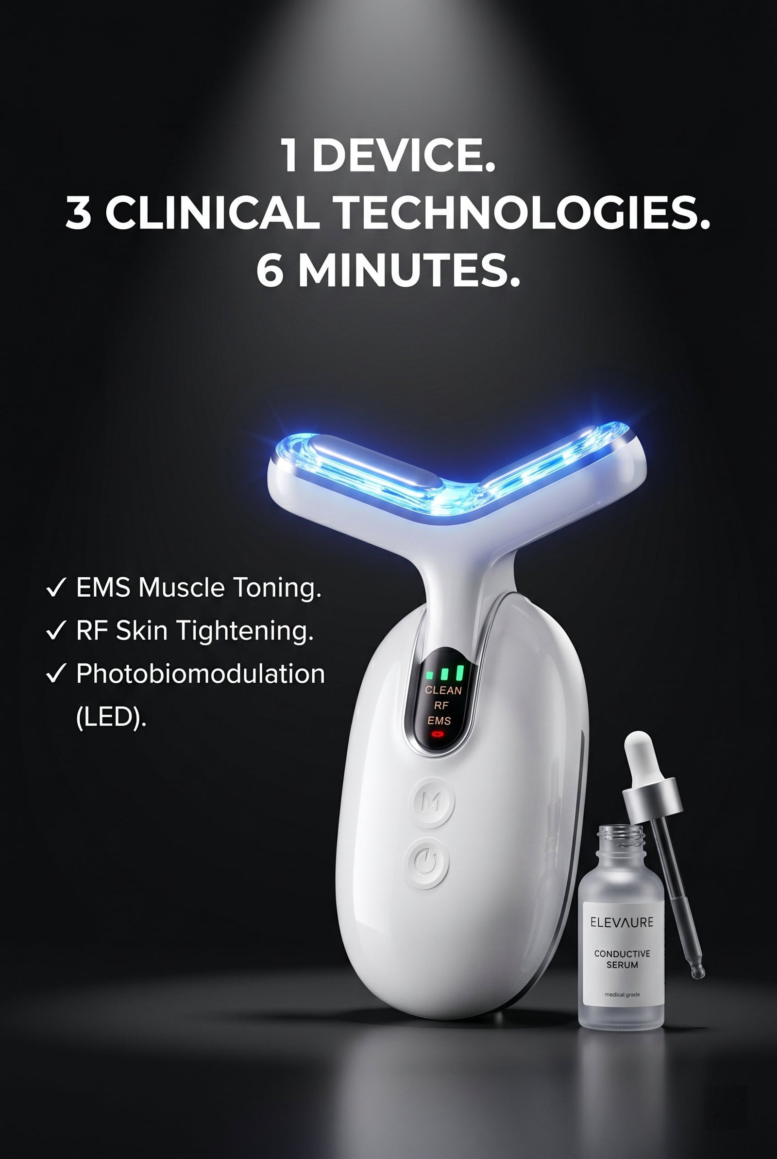 1 Device. 3 Clinical Technologies. 6 Minutes. — ELEVAURE RF neck device with EMS muscle toning, RF skin tightening, and LED photobiomodulation, shown with ELEVAURE conductive serum.