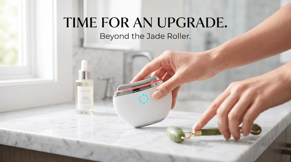 ELEVAURE Electric Gua Sha placed next to a traditional jade roller on marble bathroom counter, text reads TIME FOR AN UPGRADE