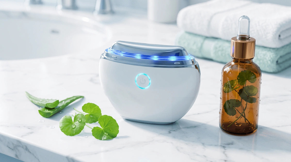 A calming skincare setup with soothing serums and a blue LED light therapy device for reactive and sensitive skin.