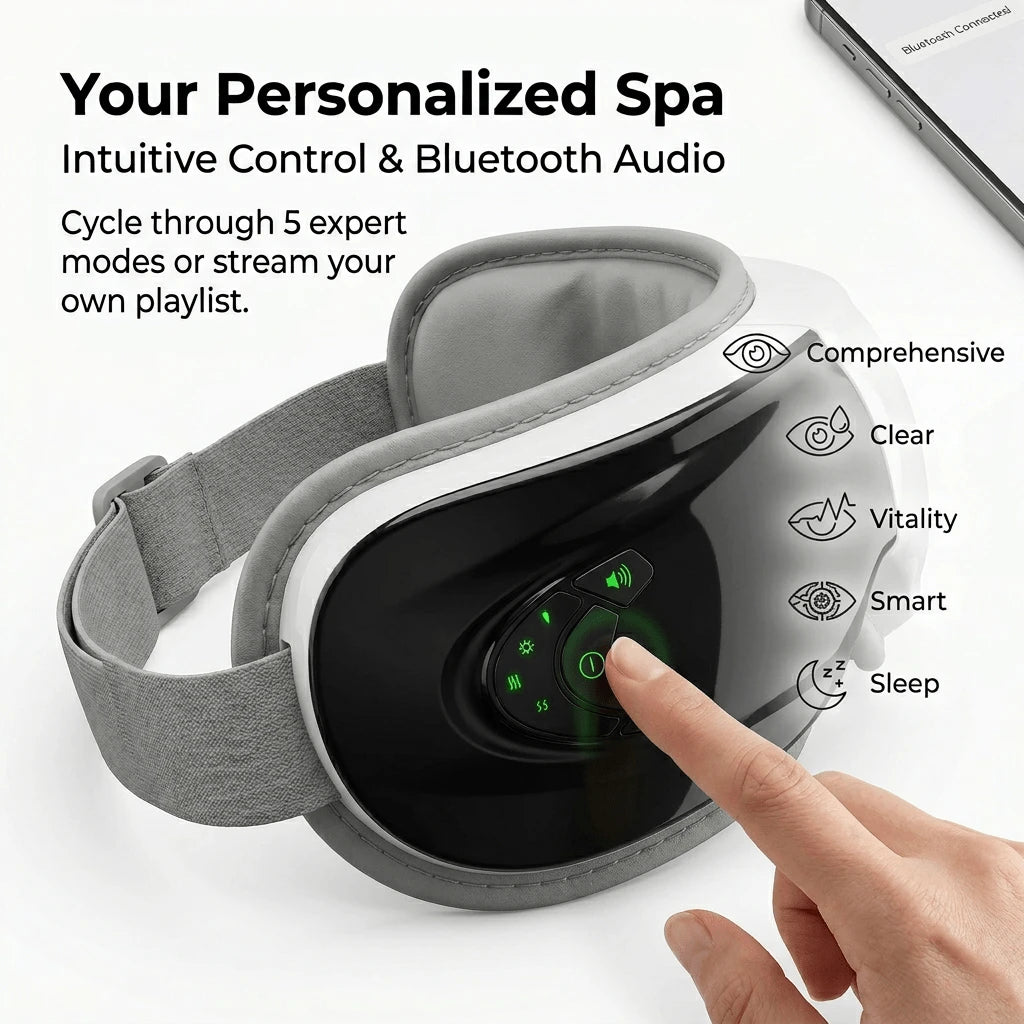 ELEVAURE Smart Eye Massager control panel showing 5 massage modes — Integrated, Clear, Sleeping, Vitality, Smart