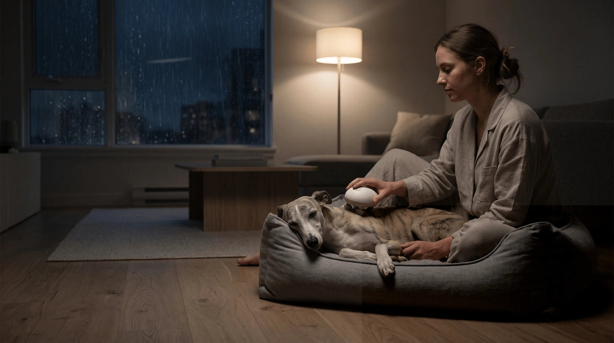 Owner using a quiet electric massager to calm an anxious dog before bedtime.