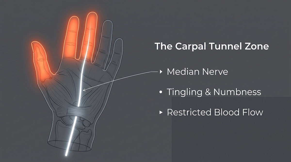 Diagram showing median nerve compression and carpal tunnel syndrome numbness areas in the hand.
