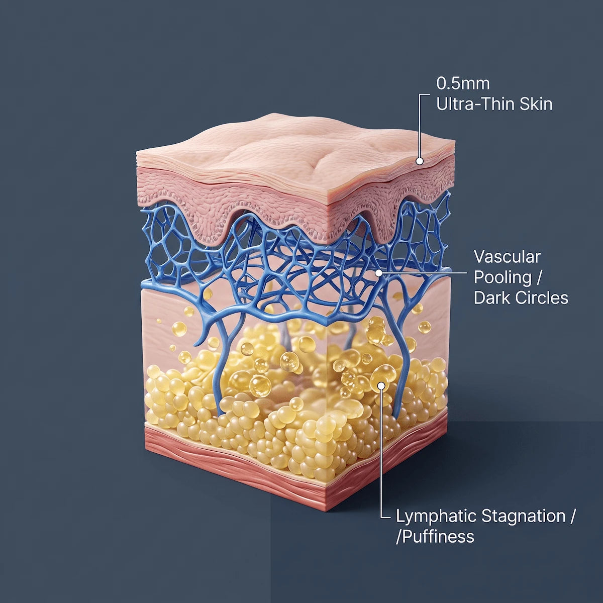 3D cross-section of periorbital skin showing vascular pooling that causes dark circles and fluid stagnation that causes puffiness.
