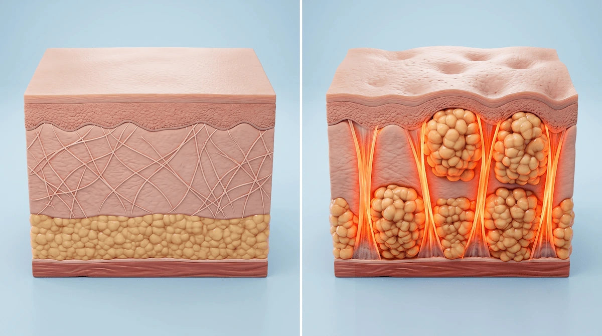 3D diagram showing how fibrous septae cause cellulite by pulling down on skin.
