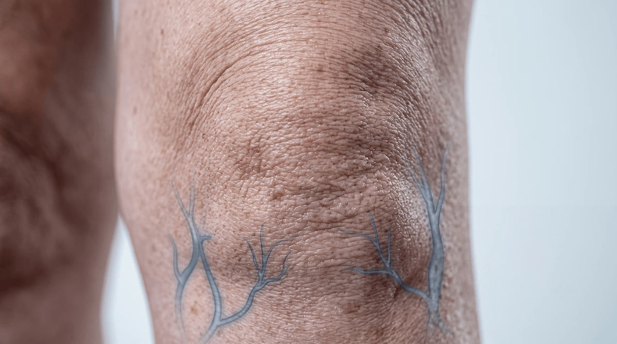 Macro shot of a senior's knee illustrating poor microcirculation and joint stiffness.