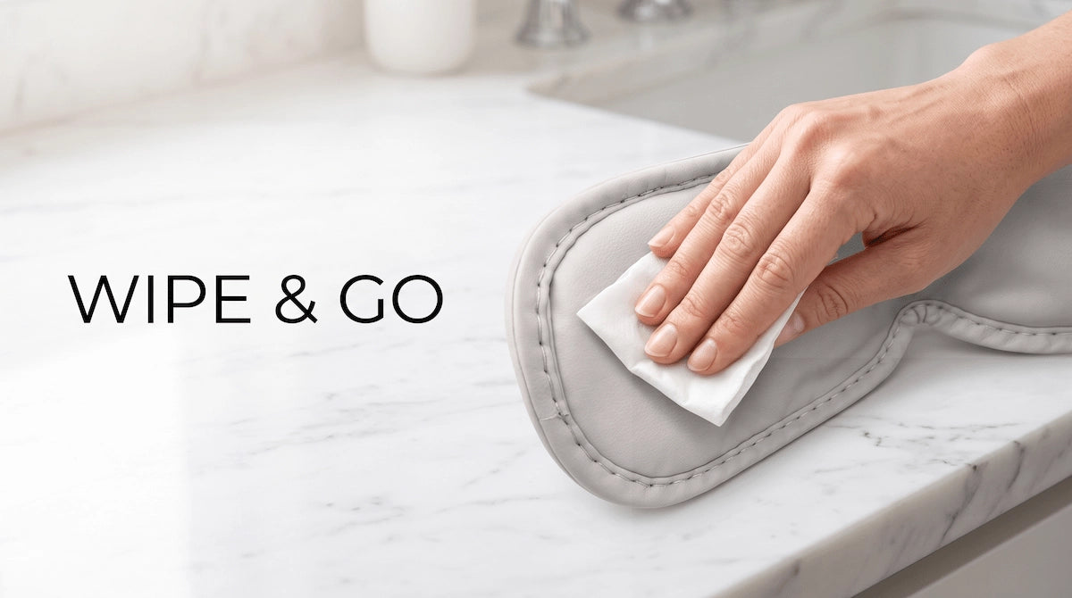 Hands cleaning the inner surface of an eye massager with an alcohol wipe.