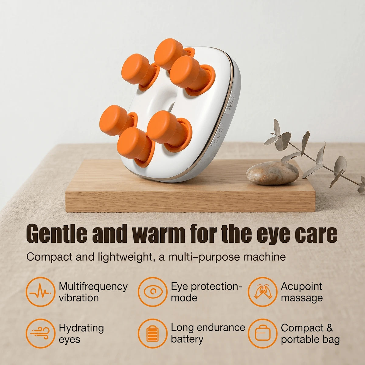 The Elevaure acupressure eye massager resting on a minimalist wooden display, highlighting core features like multi-frequency vibration, deep ocular hydration, and a long-lasting battery.