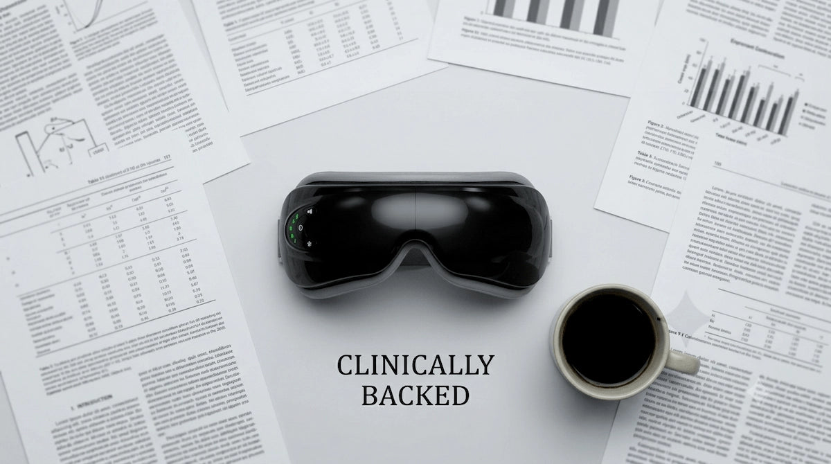 Elevaure eye massager placed on a desk next to research papers and a cup of coffee.