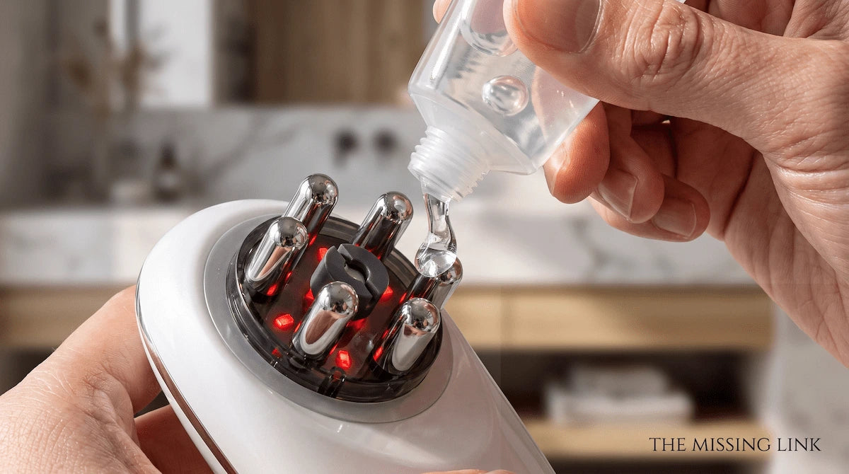 Applying conductive gel to an EMS body contouring device for optimal microcurrent penetration.