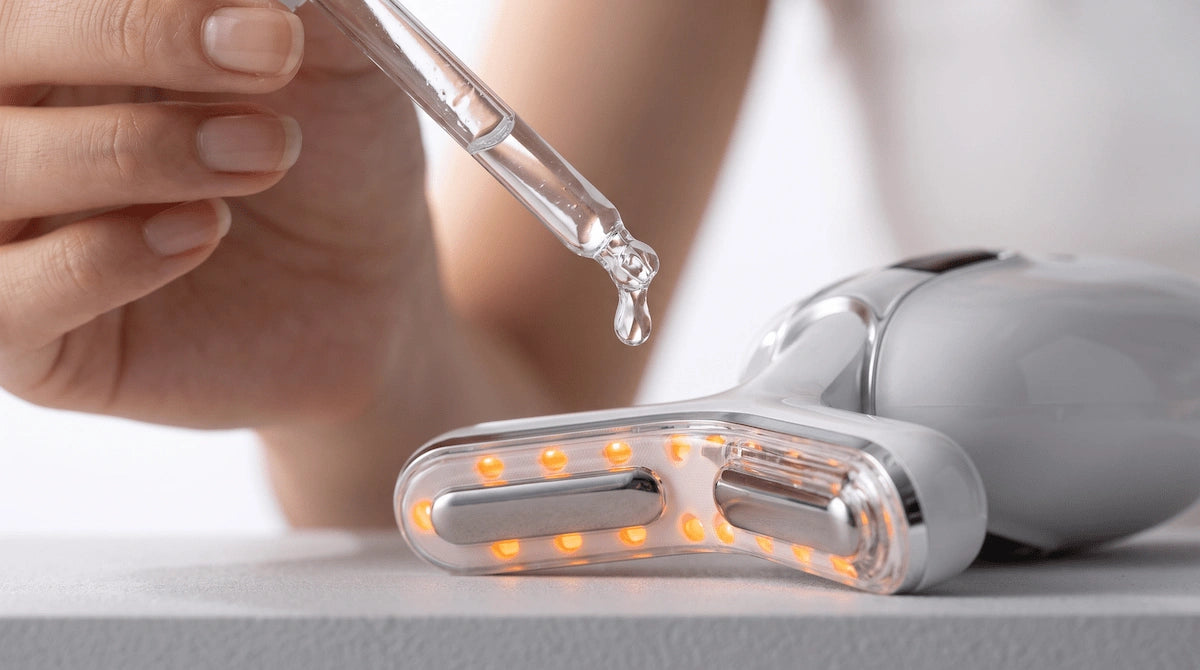 A dropper applying clear conductive serum onto the massage head of an RF neck device.