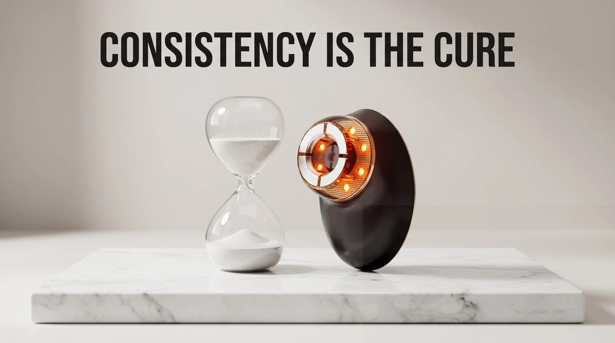 A conceptual image of a 5-minute timer next to a microcurrent face sculptor, emphasizing the importance of consistency in anti-aging routines.