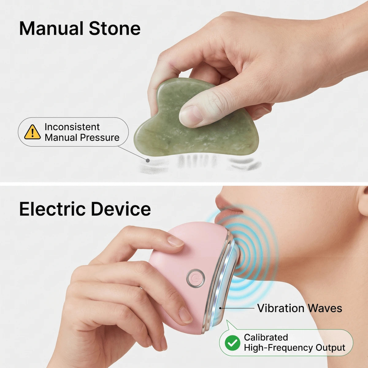 Comparison showing the effort and hand fatigue of manual gua sha versus the effortless, consistent high-frequency vibration of electric gua sha.