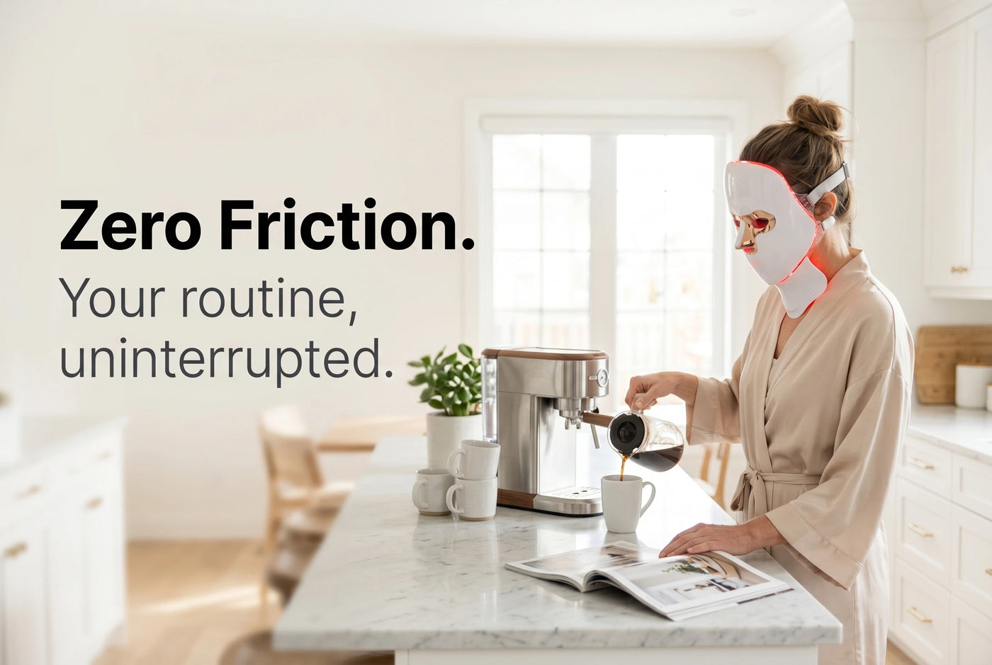 Woman wearing the cordless Elevaure LED mask while preparing coffee at home.