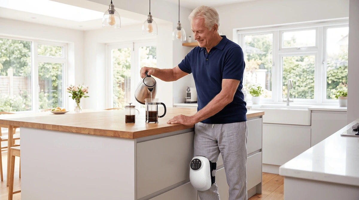 An older adult easily making coffee while wearing a cordless, rechargeable knee massager.