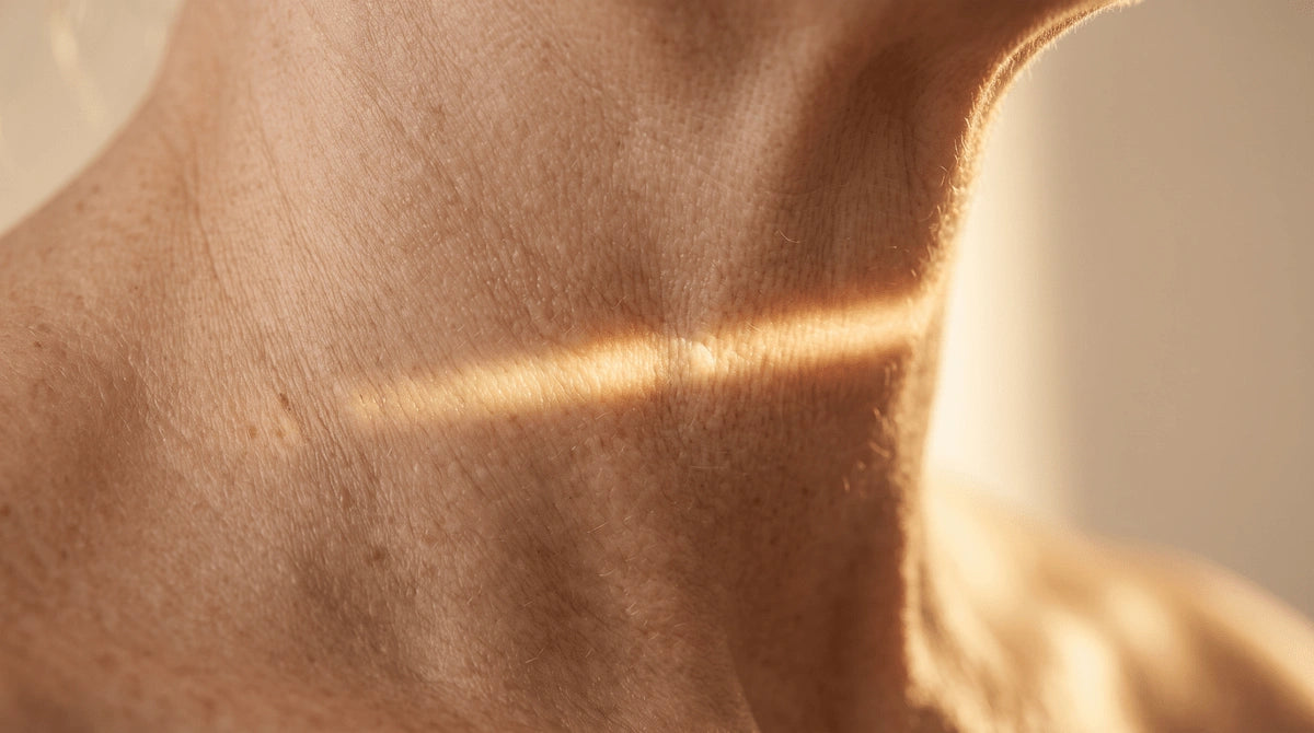 High-resolution close-up of natural crepey skin texture on a woman's neck.