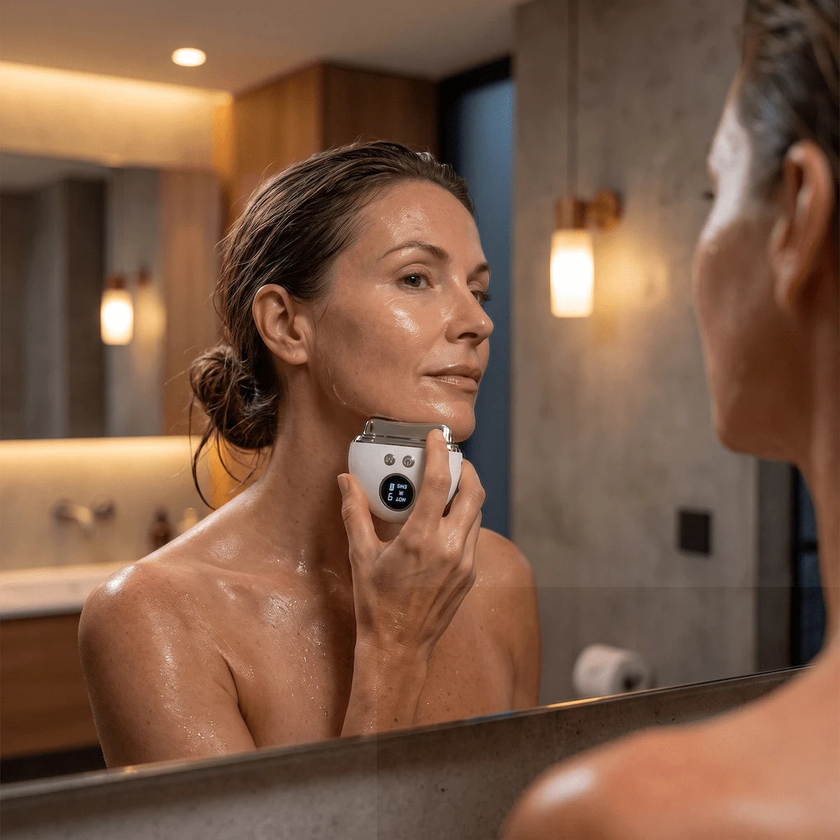 Woman using an EMS facial lifting device along her jawline as part of her daily anti-aging skincare routine.