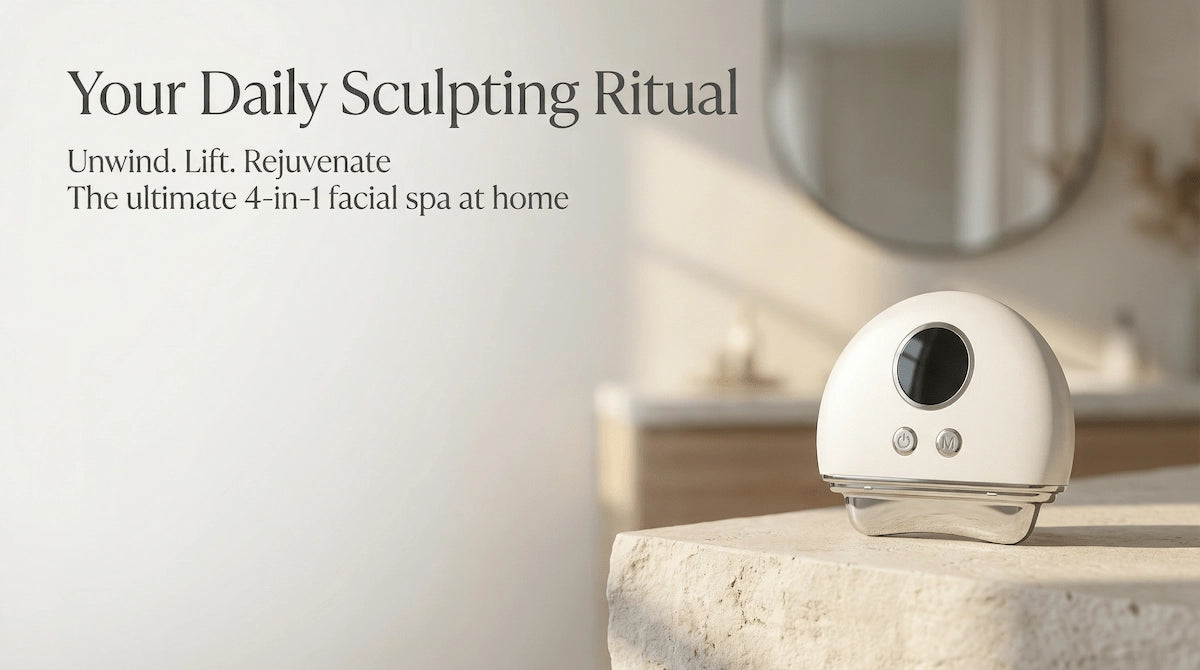 4-in-1 facial spa device on marble surface — daily sculpting ritual for jawline lifting and skin renewal at home