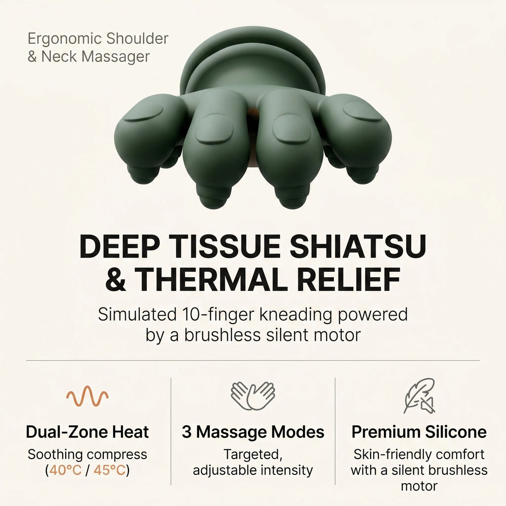 Top view of the ELEVAURE neck massager highlighting the 10-finger kneading nodes, dual-zone heat compress, and premium silicone material.