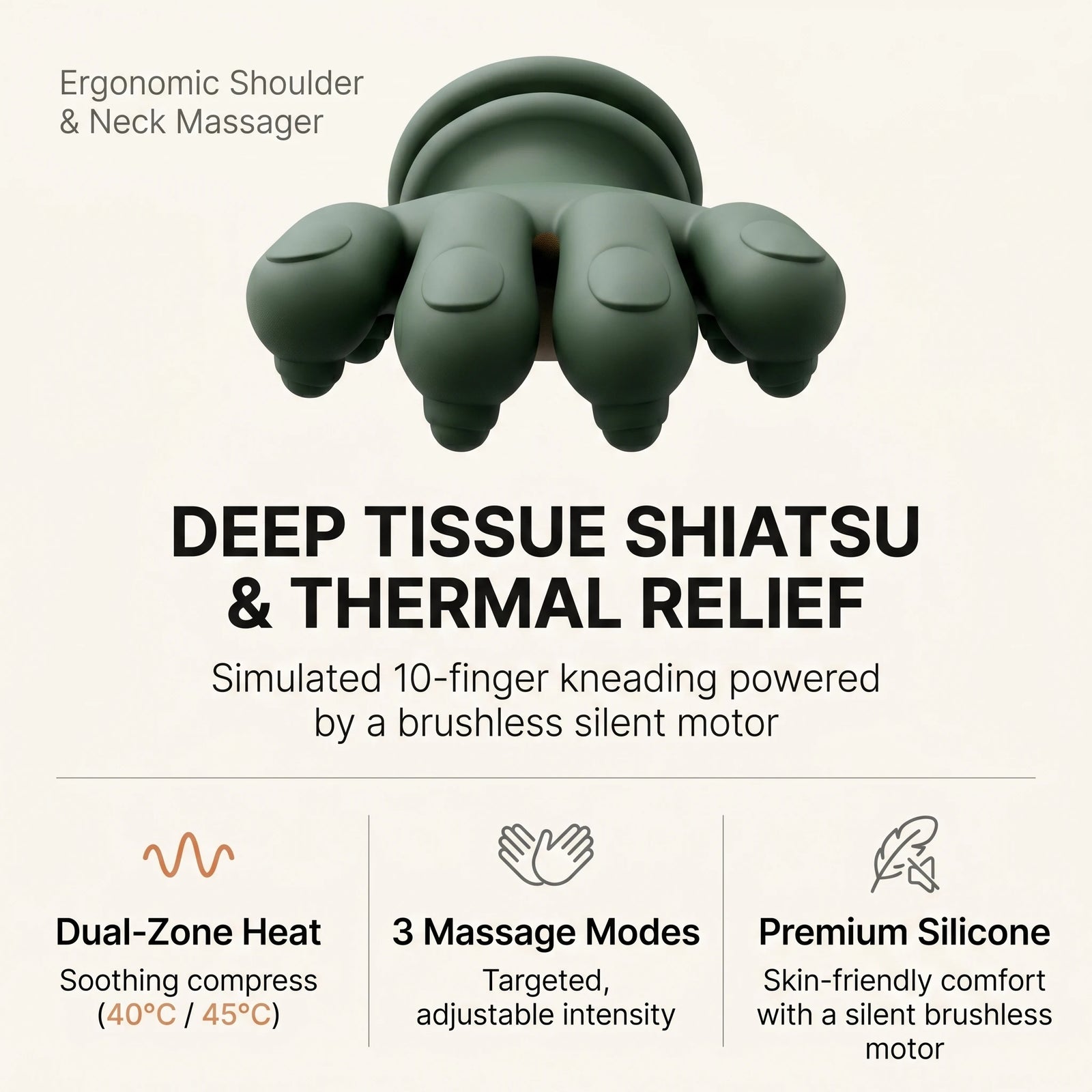 Top view of the ELEVAURE neck massager highlighting the 10-finger kneading nodes, dual-zone heat compress, and premium silicone material.
