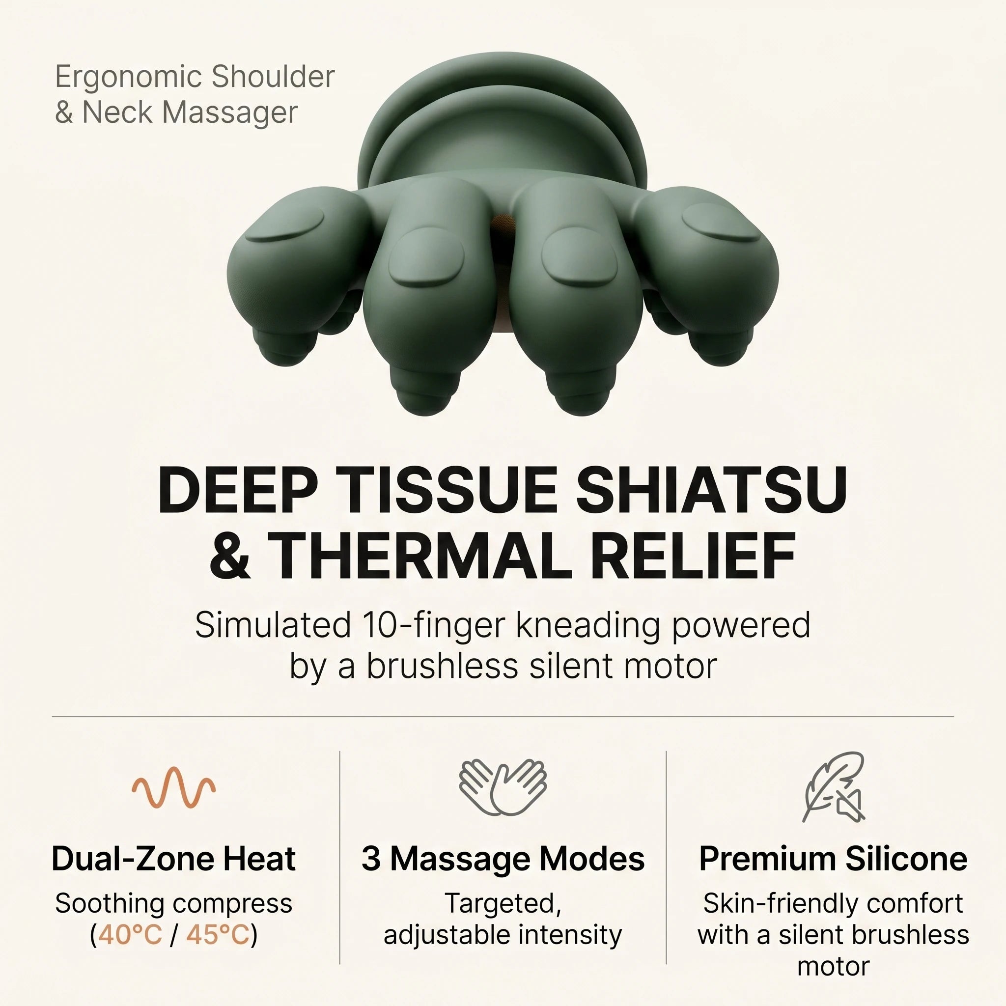Top view of the ELEVAURE neck massager highlighting the 10-finger kneading nodes, dual-zone heat compress, and premium silicone material.