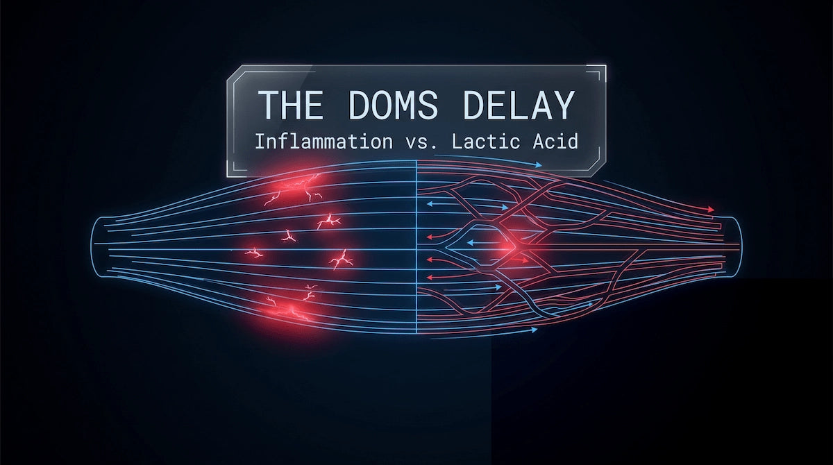 Scientific diagram showing DOMS caused by muscle fiber micro-tears and inflammation, not lactic acid.