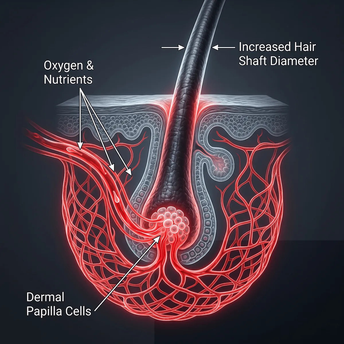 3D biological illustration showing how increased blood circulation delivers nutrients to dermal papilla cells for thicker hair growth.