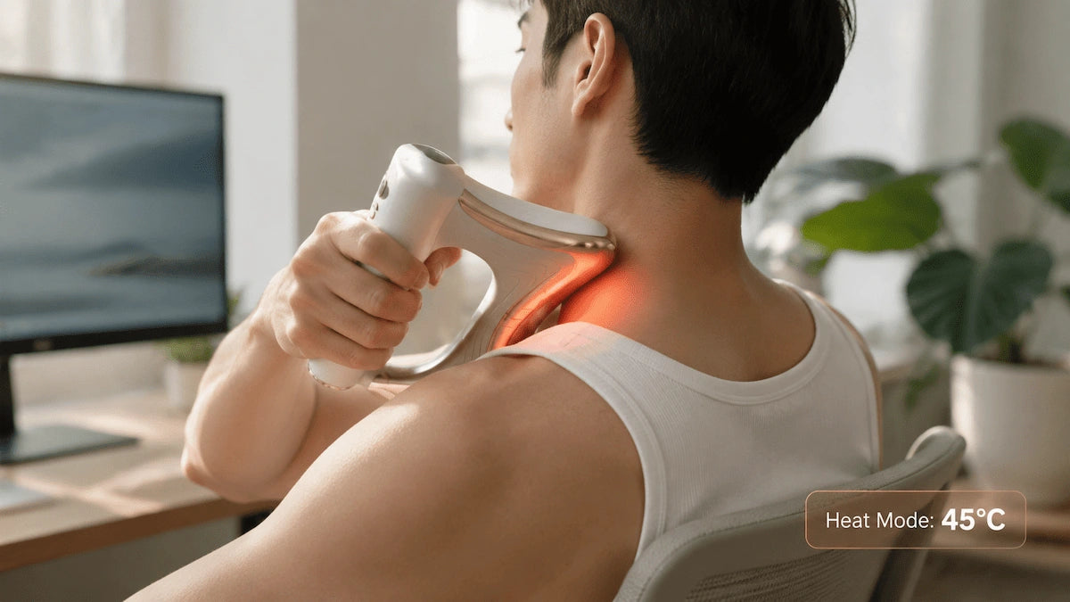 Desk worker treating upper back and neck tension using the Elevaure heated muscle scraper at home.
