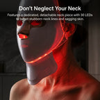 Close-up of a woman's neck undergoing red light therapy with the detachable 30-LED neck piece, designed to target stubborn neck lines and sagging skin.
